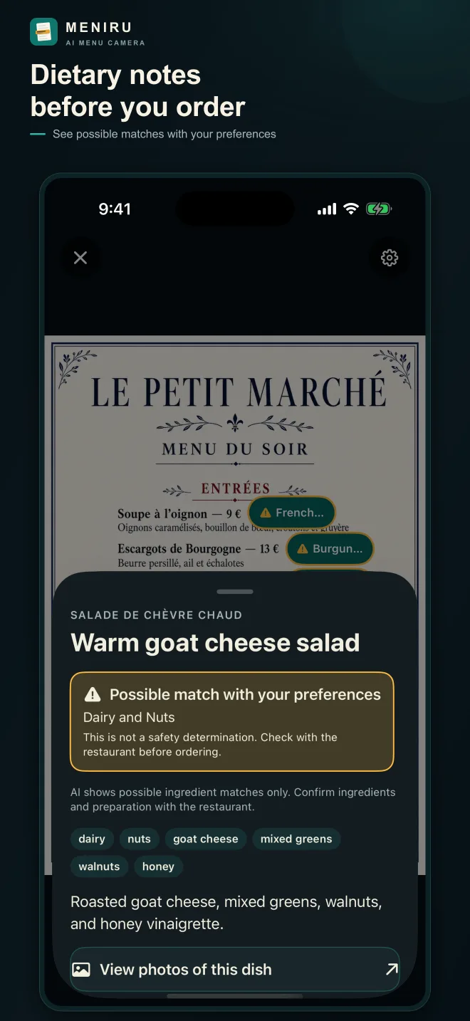 Dish details showing a possible match with saved dietary preferences