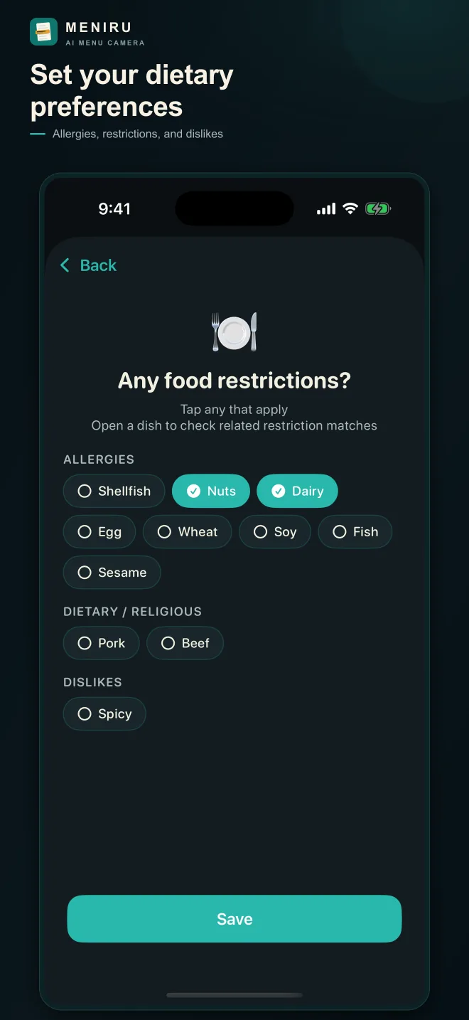 Screen for saving allergy, dietary, religious, and dislike preferences
