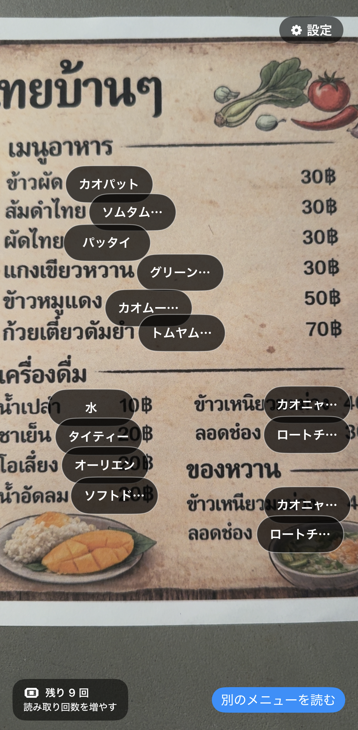 料理名と説明のラベルがメニュー上に重なって表示されるMeniruの画面